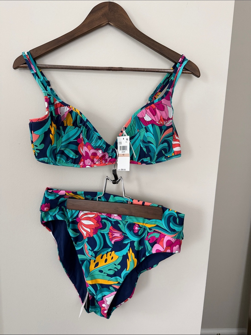 Trina Turk Teal Navy Pink Floral Bikini with Matching Sarong - Picture 4 of 5